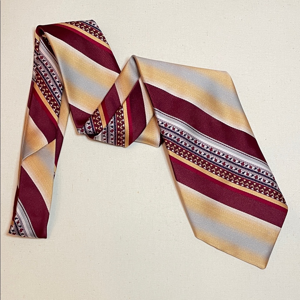 VINTAGE PIERRE CARDIN Striped Tie in Burgundy, Gold & Silver Retro Collectible